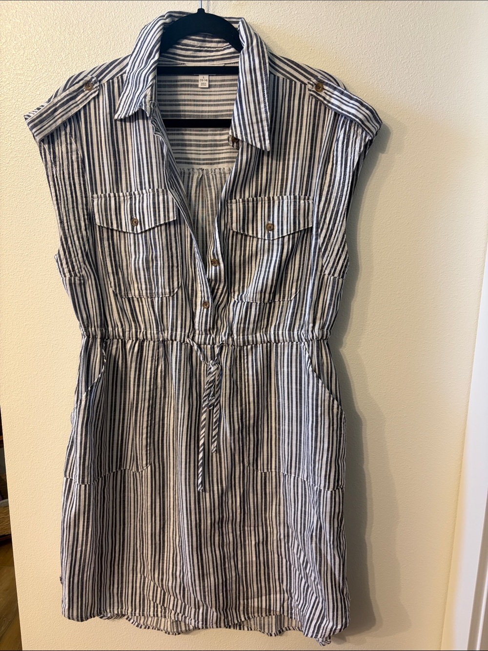 Time and Tru Navy and White Striped Sleeveless Shirt Dress